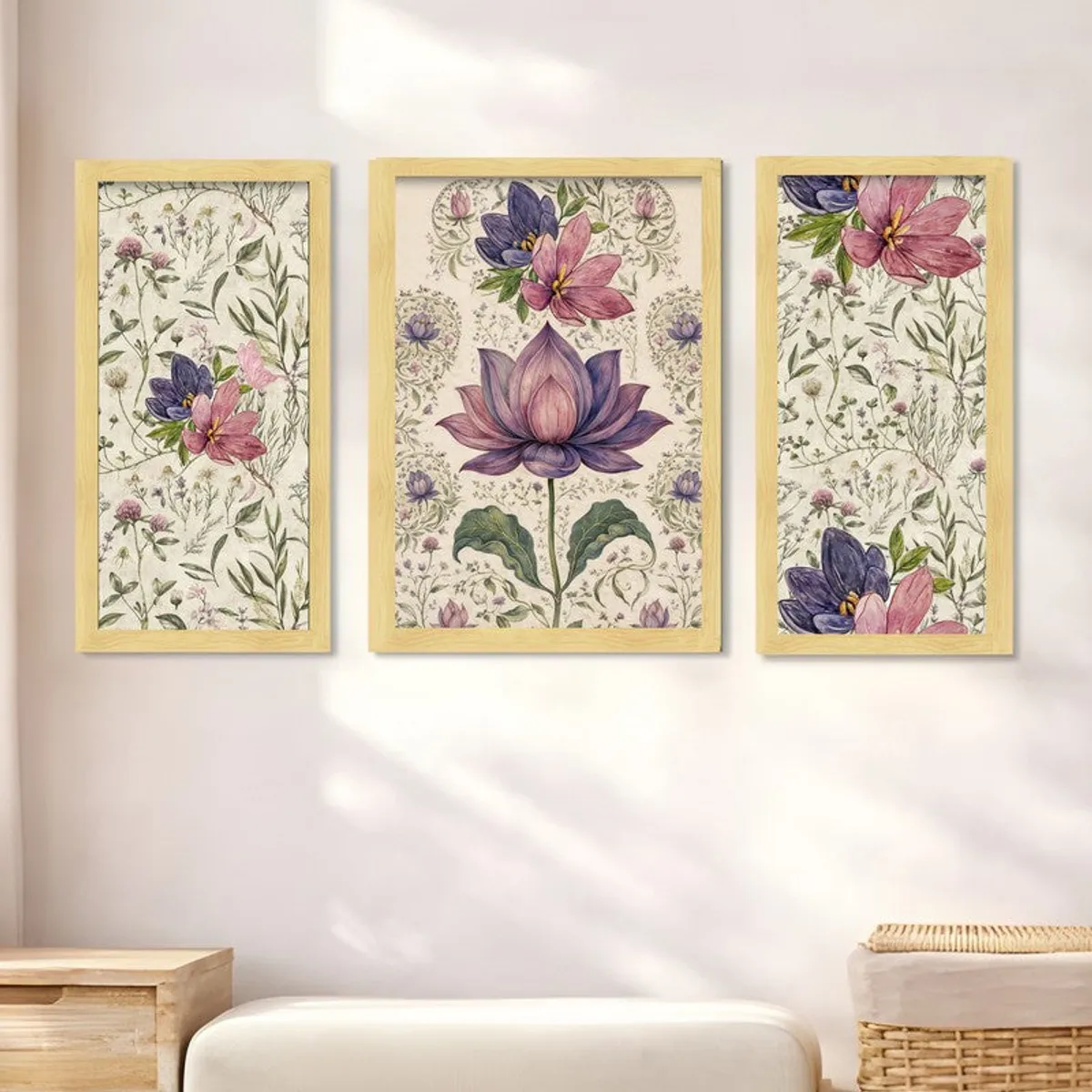 Three pastel botanical wall art pieces with a lotus motif on a pale wall.