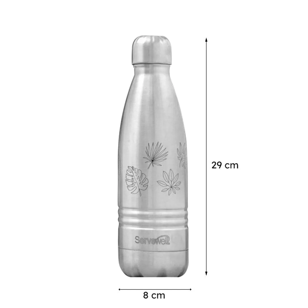 Silver thermos bottle shown upright with visible height and width measurements