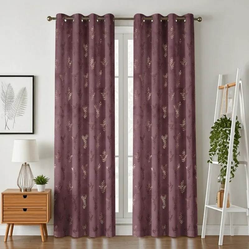 Gilded Touch Printed Velvet Curtain (Purple,Gold) - Set Of Two media 1