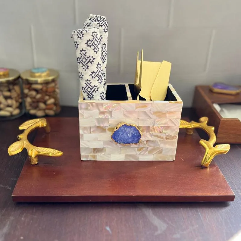 Suzzaine Handcrafted Mother Of Pearl & Agate Cutlery Holder - Dark Blue & Beige media 3