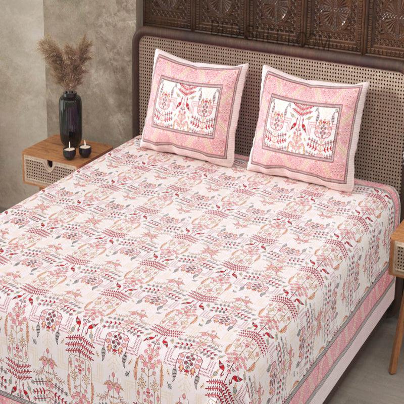 Hara Ethnic Cotton Bedsheet (White,Pink) - 180 TC media 3
