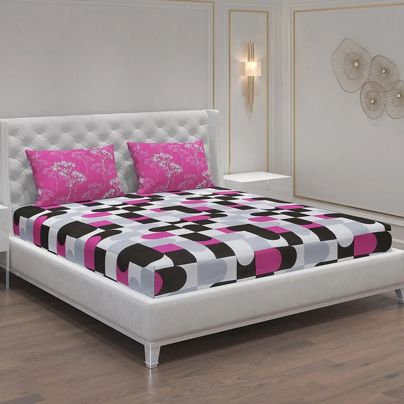 Monte Carlo Multi Blocks Cotton Bedsheet (Pink,Black) - 104 TC media 1