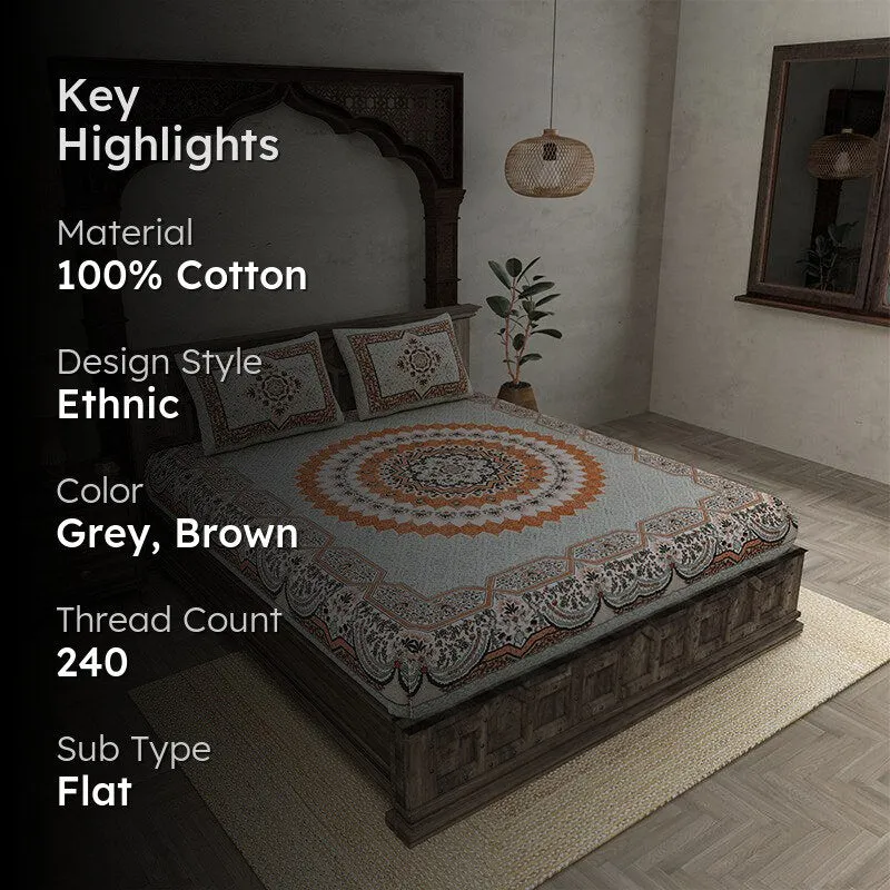 Chaital Ethnic Cotton Bedsheet (Grey,Brown) - 240 TC media 2