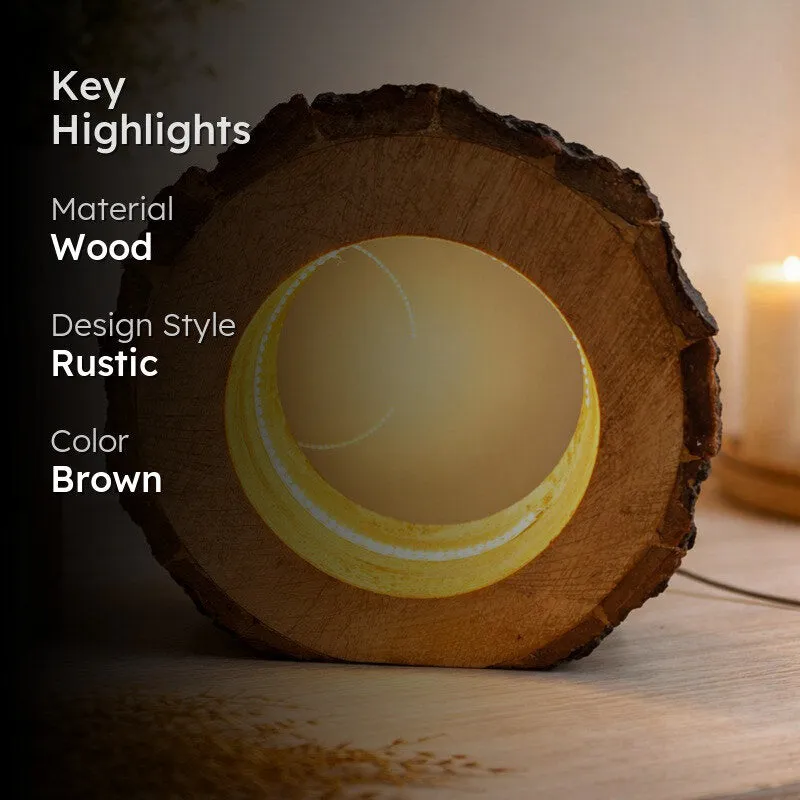 Rustic wooden lamp highlight image with material, style and colour text overlay