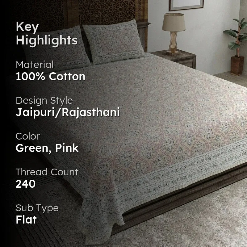Rangly Cotton Bedsheet (Green,Pink) - 240 TC media 2