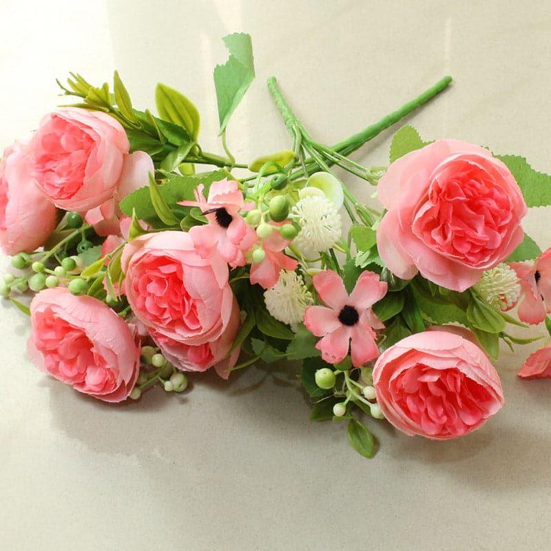 Faux Tropicana Rose Plastic Artificial Flower Bouquet (Pink)- Set Of Two media 3