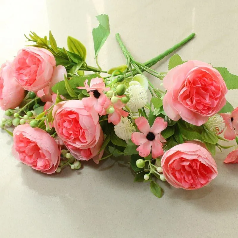 Faux Tropicana Rose Plastic Artificial Flower Bouquet (Pink)- Set Of Two media 3