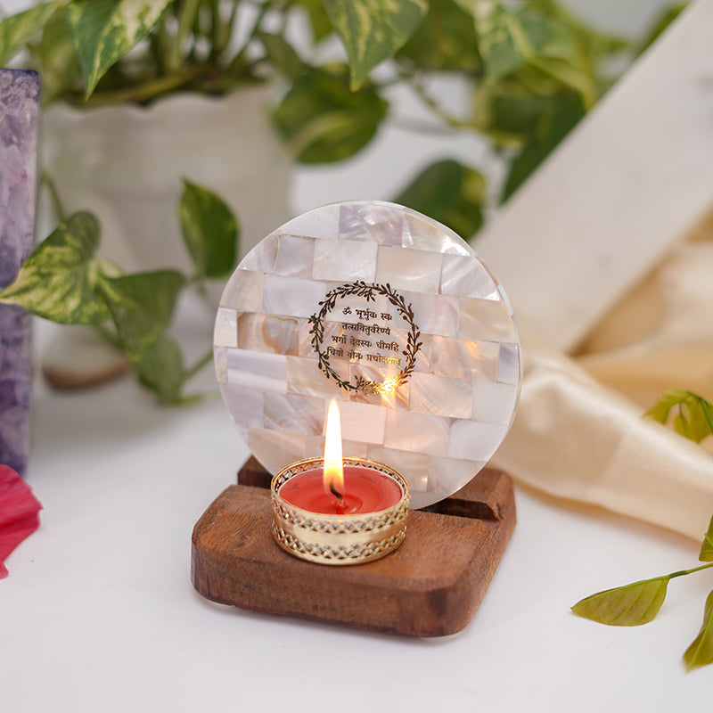 Nacre Gayatri Mantra Mother Of Pearl Religious Tea Light Holder