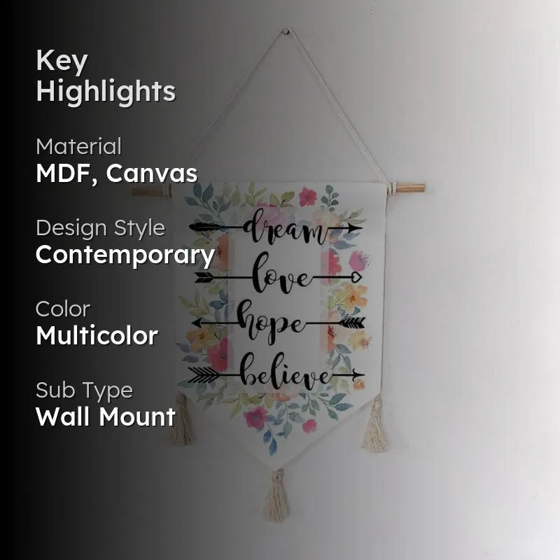 Wall hanging with key highlights text showing material, style, colour and subtype