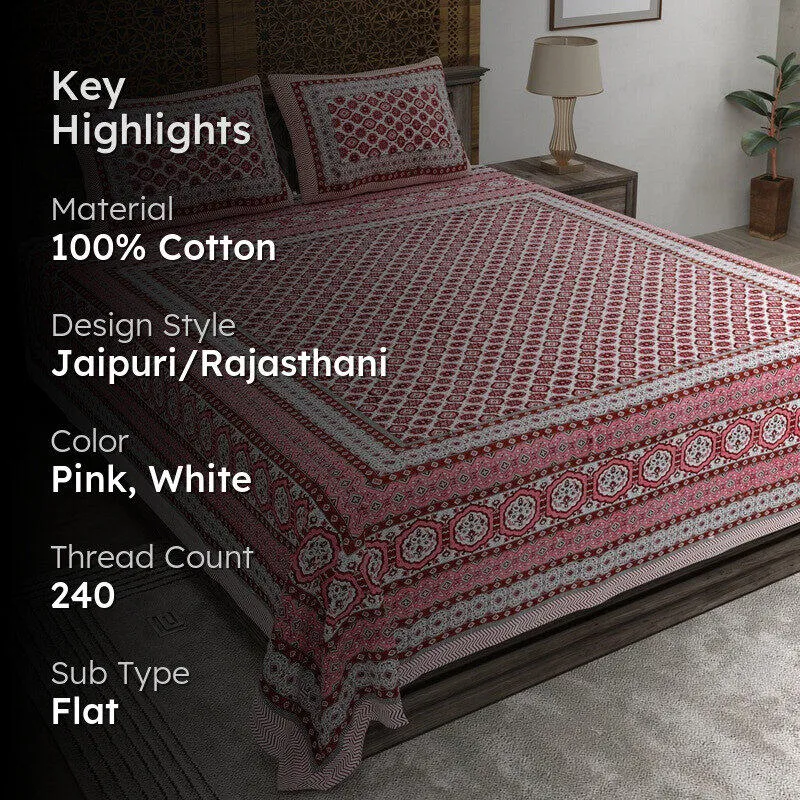 Styleo Cotton Bedsheet (Pink,White) - 240 TC media 2