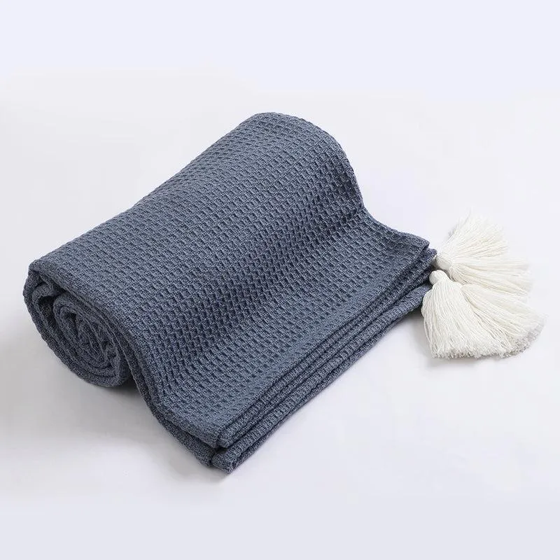 Cotton Meadow Knitted Tassled Throw - Blue media 3