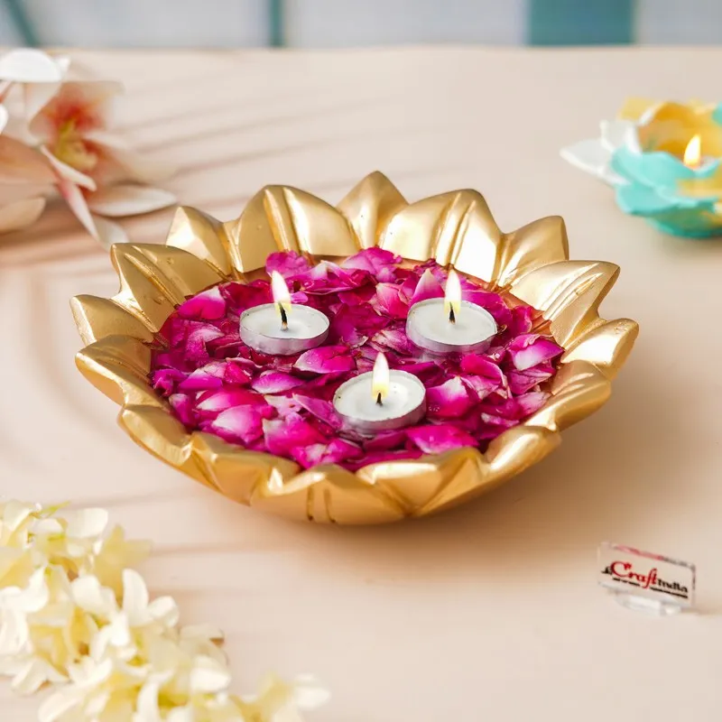 Antique Gold Lotus Resin Urli media 5
