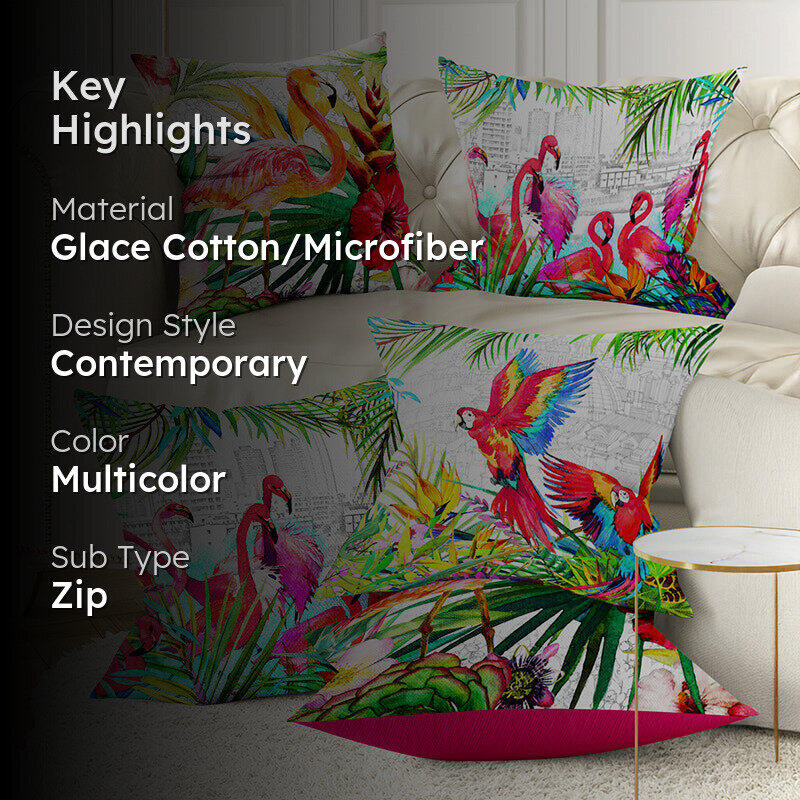 Macaws & Flamingo Printed Cushion Cover Set - Set Of Five media 2