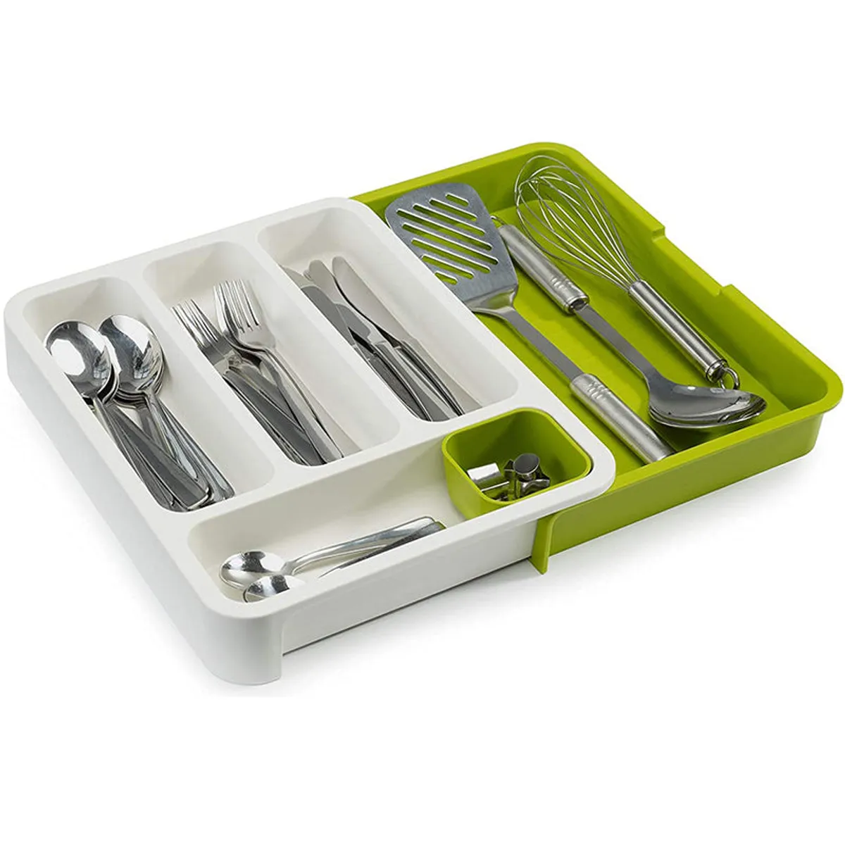White and lime-green organiser holding cutlery and kitchen utensils