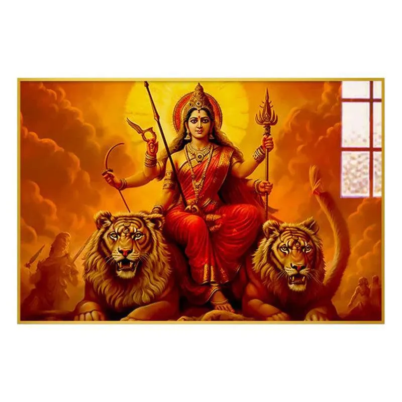 Matha Durga Blessings Spiritual Canvas Wall Art With Frame - Gold media 3