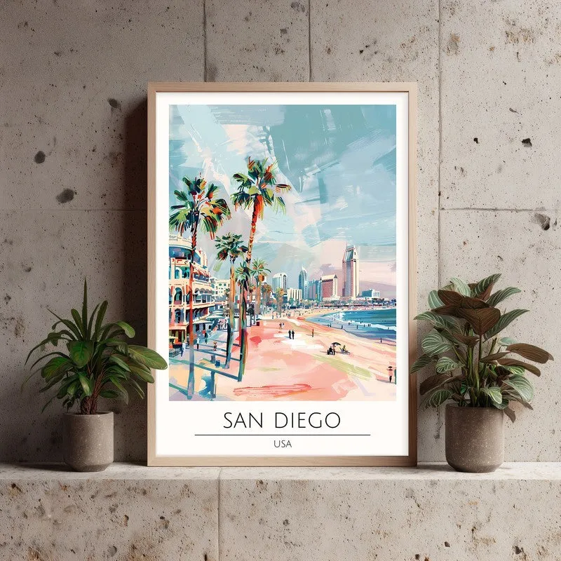 Vintage San Diego Framed Canvas Archival Canvas Wall Painting - Natural Brown Frame media 3