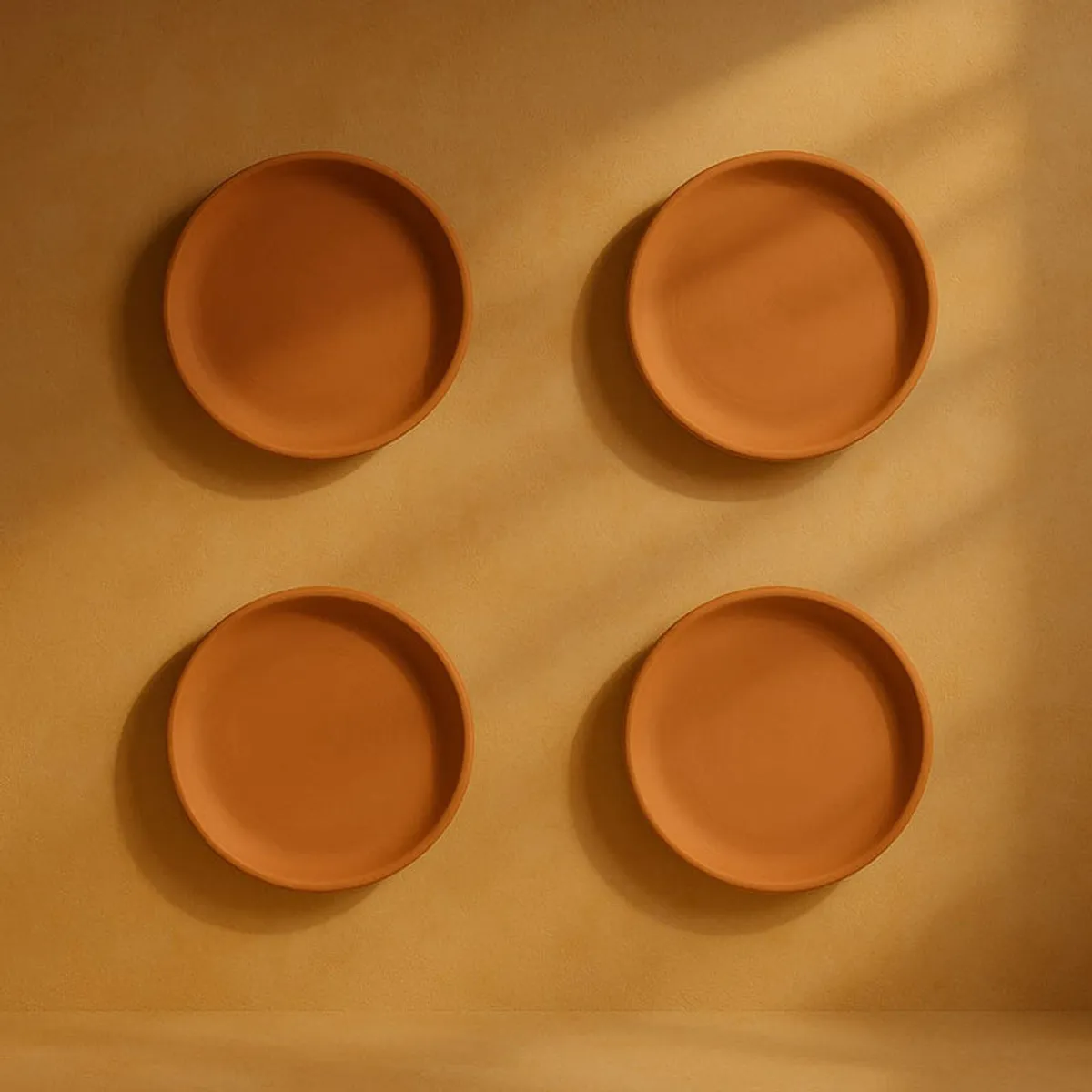 Four terracotta wall plates shown against a warm ochre background