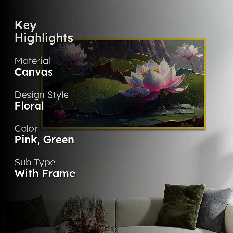 Chiaroscuro Lotus Floral Canvas Wall Painting With Frame - Gold media 2