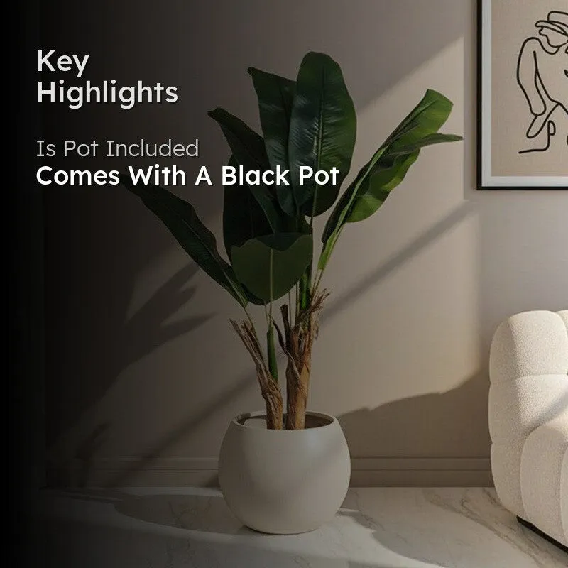 Artificial banana plant styled in a living room with a highlighted product feature overlay