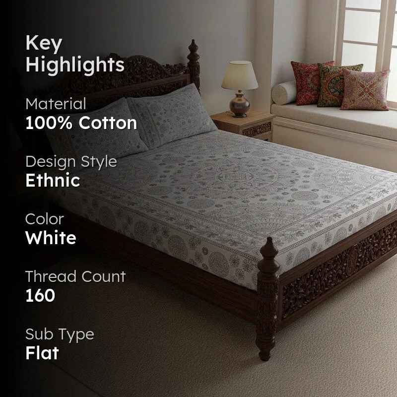 Kavya Mandala Ethnic Cotton Bedsheet (Grey,White) - 160 TC media 2