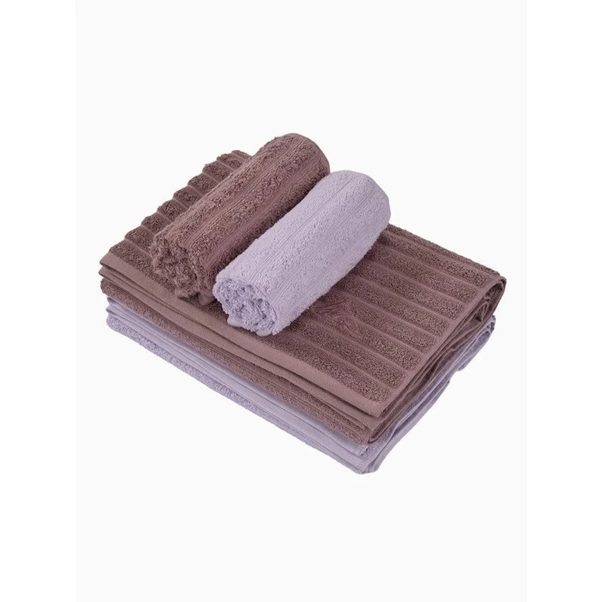 Folded purple and brown towel set on a white background