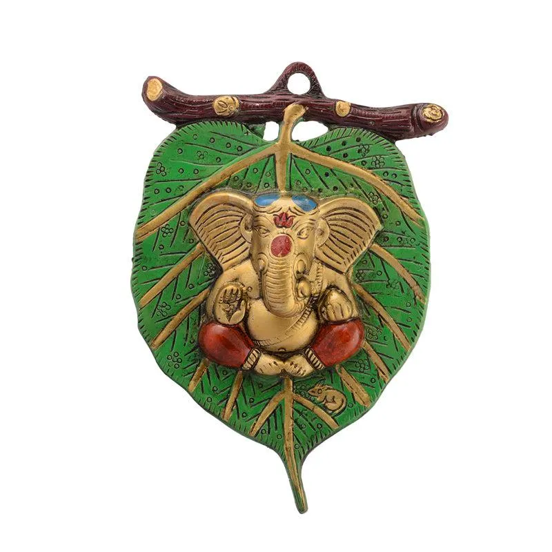 Balganesha Resting on Leaf Religious Metal Wall Accent - Green & Gold media 3