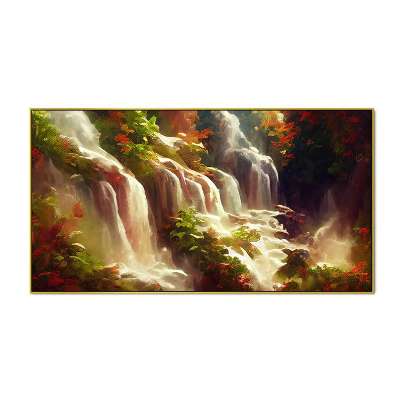 Autumn Waterfalls Landscape Canvas Wall Painting With Frame - Gold media 5