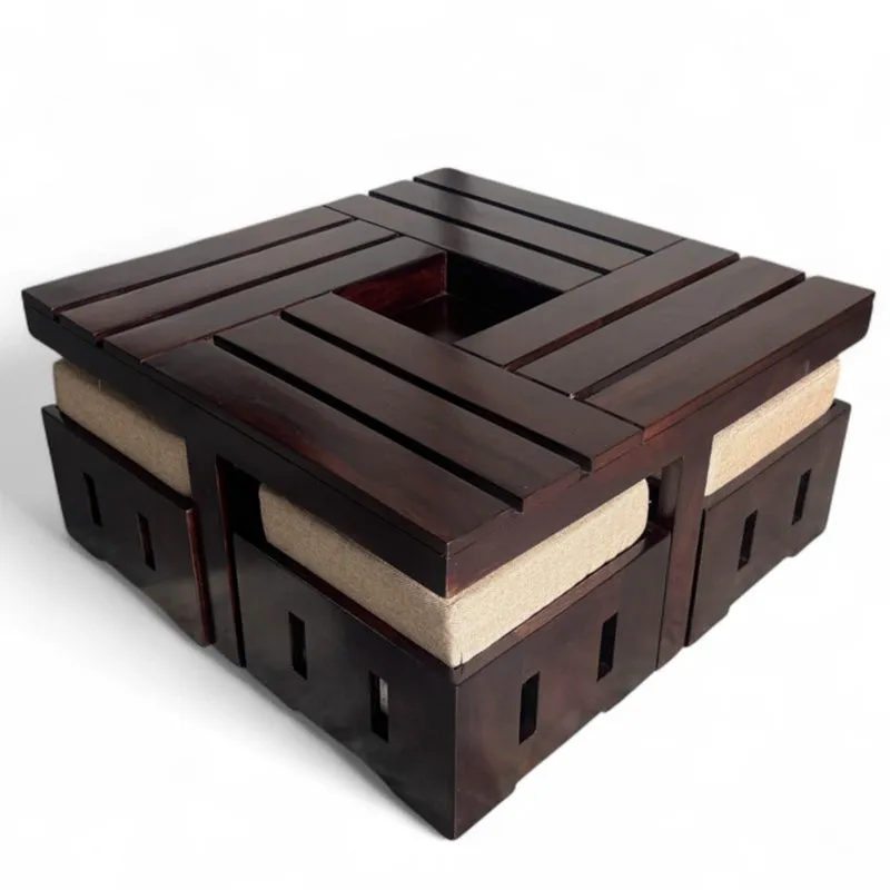 Flavon Sheesham Wooden Center Table with Stools and Cushions (Brown) - Nine Piece Set media 6
