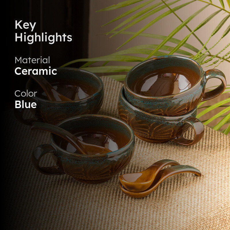 Kalika Handglazed Ceramic Soup Bowl With Spoon (300 ML) - Eight Piece Set media 2