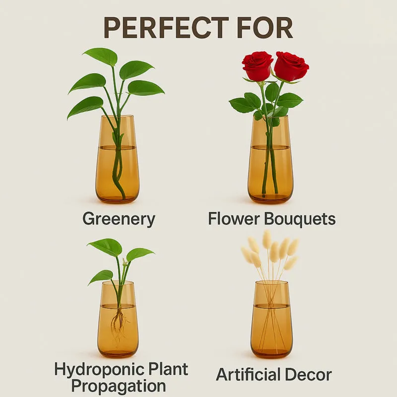 Four styled views of the brown vase with greenery, red roses, rooted stems and dried stems