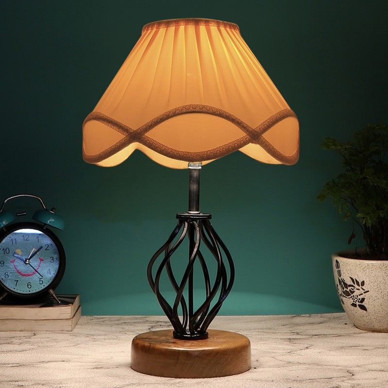Gloflare Cotton Table Lamp With Wooden Base - Ivory