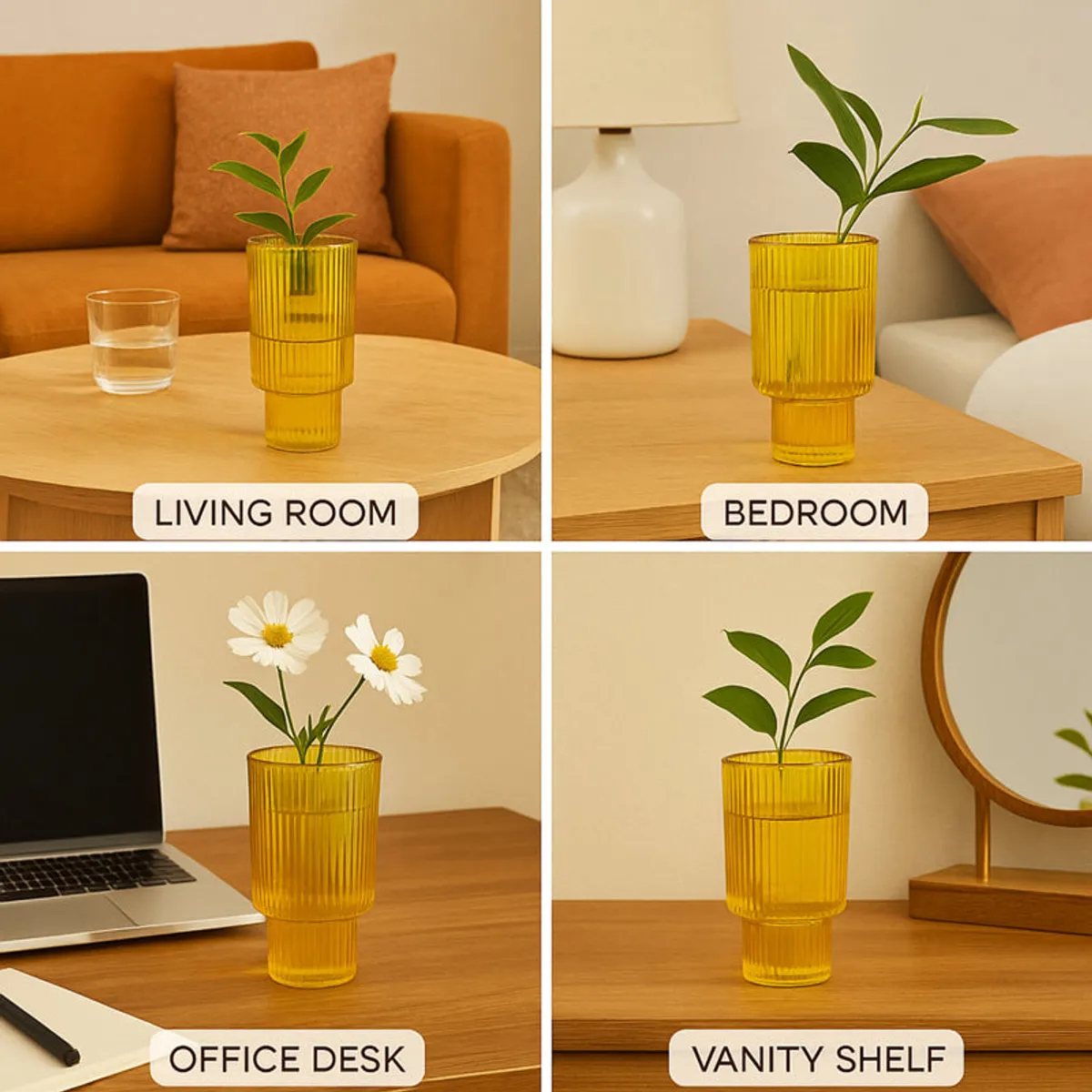 Collage of yellow ribbed vase styled in different room settings