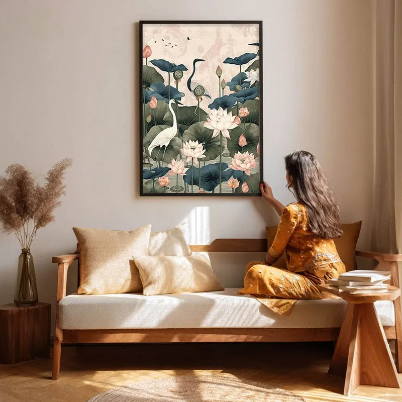 Lotus Garden Birds Canvas Wall Painting With Black Frame media 10