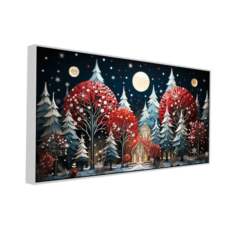 Winter Forest Cottage Landscape Canvas Wall Painting With Frame - White media 4
