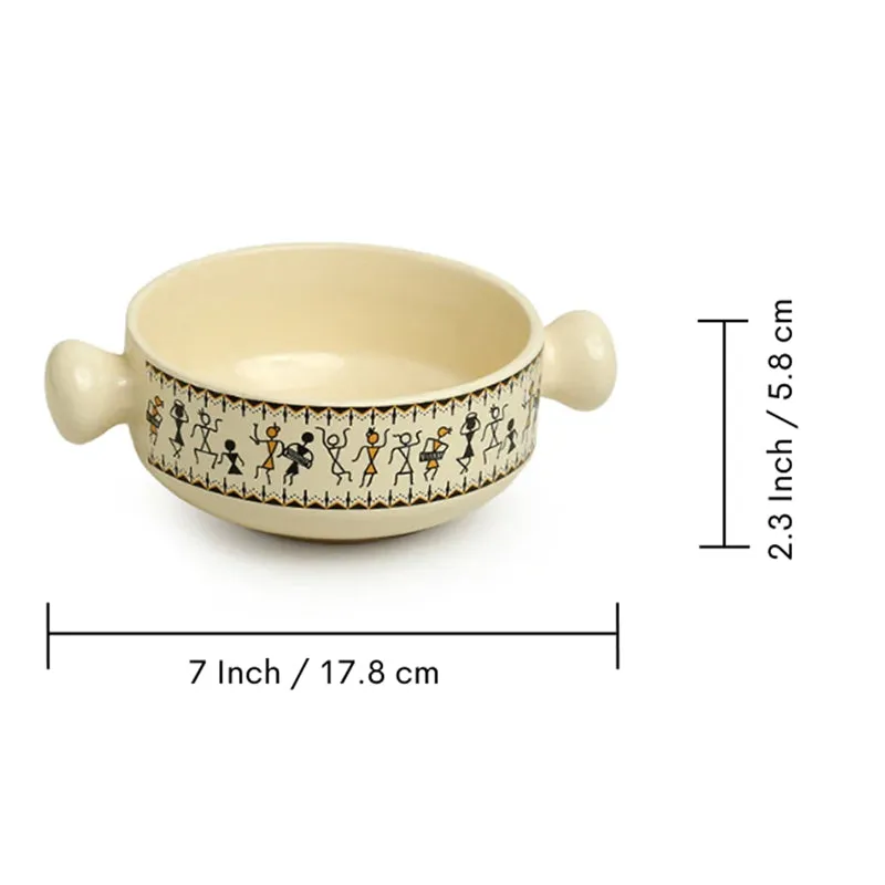 Warli Whirls Handcrafted Ceramic Bowl with Tray (400 ML) - Three Piece Set media 7