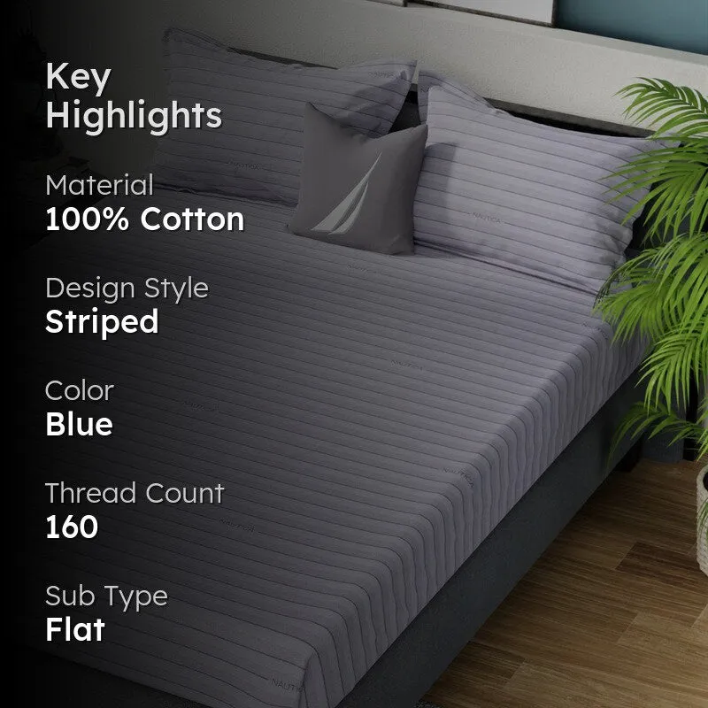 Key highlights graphic showing cotton material, striped design and 160 thread count