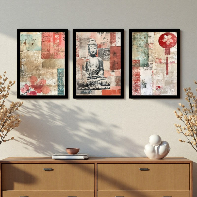 Gautam Buddha Floral Paper Wall Painting With Frame - Set Of Three