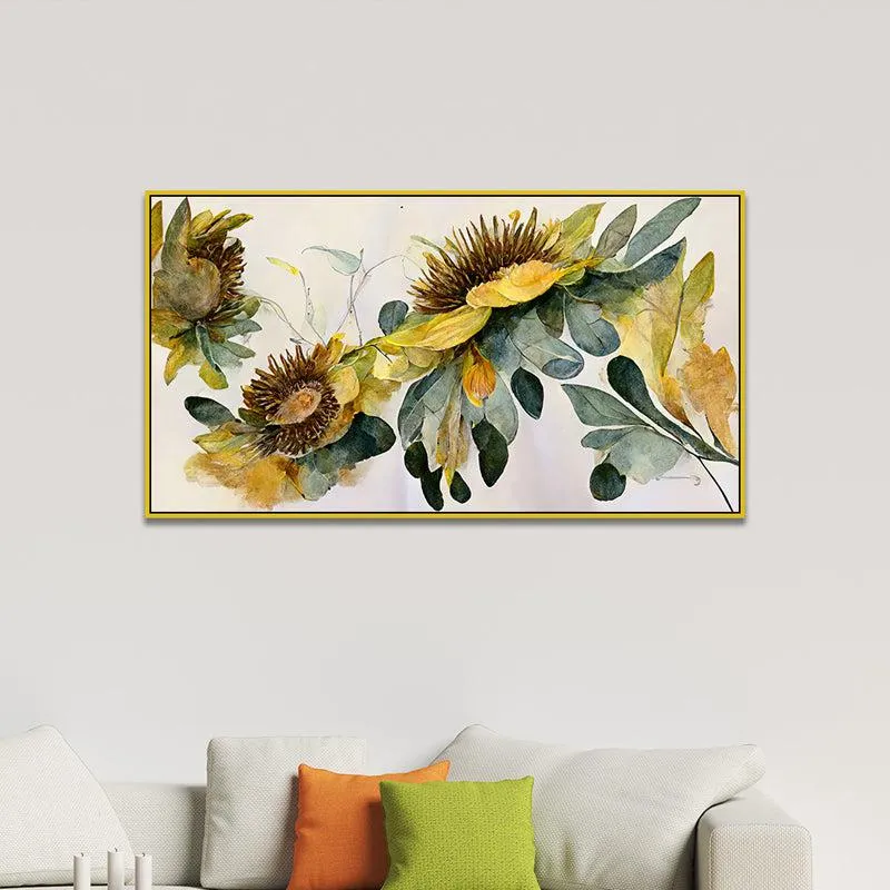 Ochre Autumn SunFlowers Floral Canvas Wall Painting With Frame - Gold media 3
