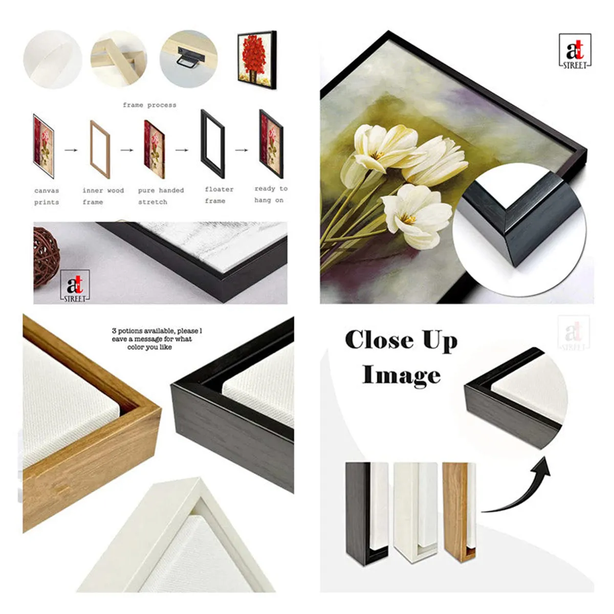 Collage showing framed canvas construction details and frame colour options