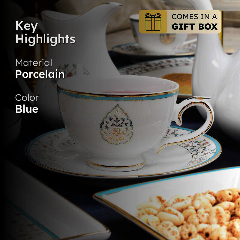 Gilded Mavi 24k Gold Brushed Porcelain Tea Cup & Saucer (300 mL) - Set of Six media 2