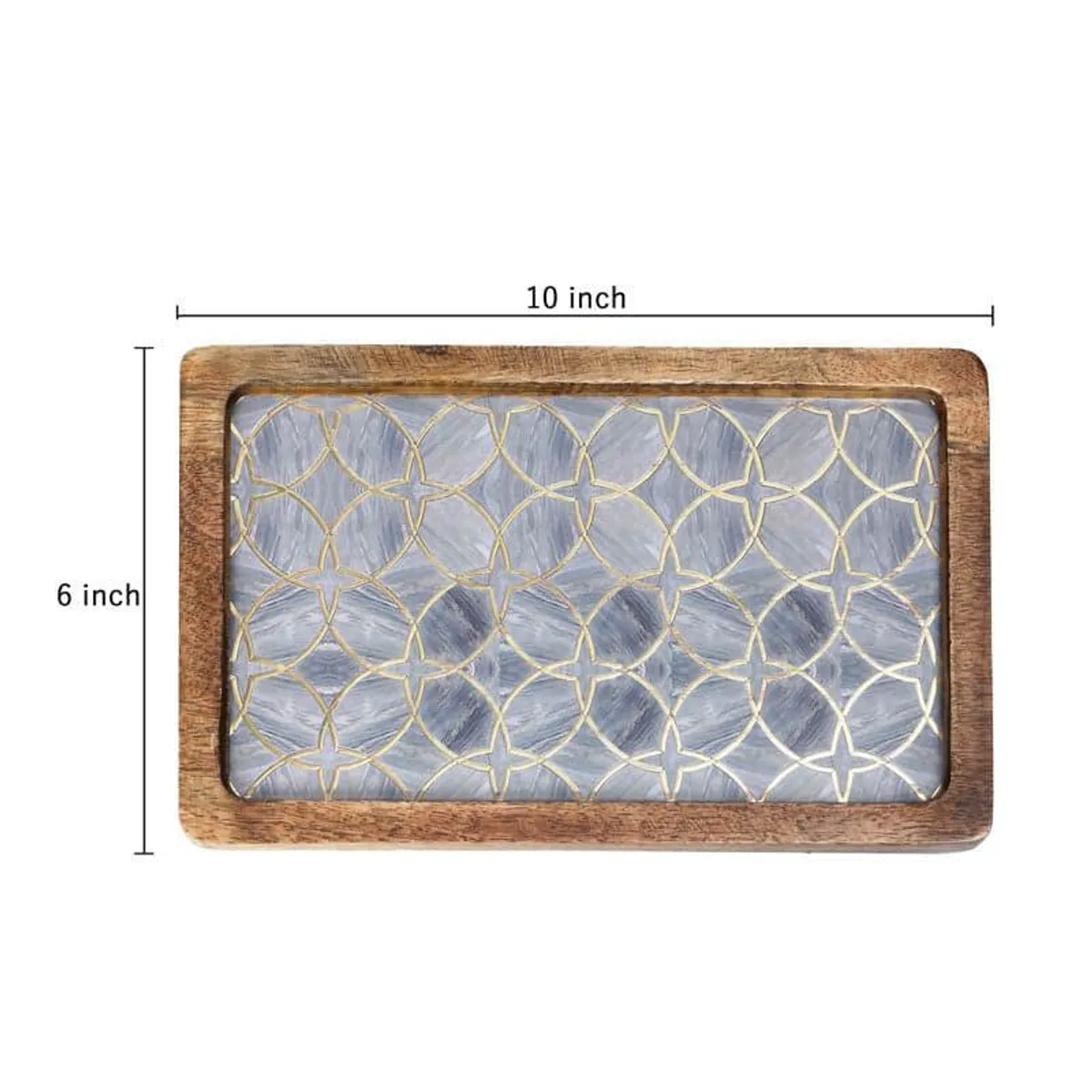 Top view of the rectangular grey and gold geometric wood platter