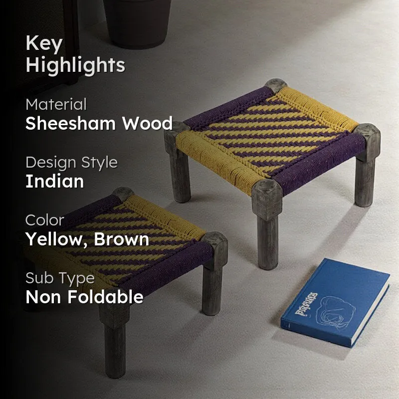 Havro Sheesham Wooden Stools (Yellow,Brown) - Set Of Two media 2