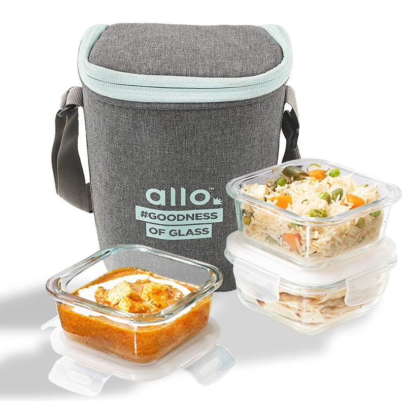 Oliva Square Glass Lunch Box With Grey Lunch Bag (320 ML) - Four Piece Set media 3