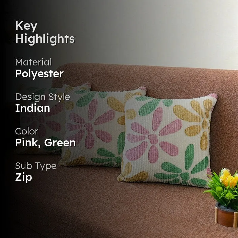 FloralGrace Cushion Cover (Pink, Mustard) - Set Of Three media 2