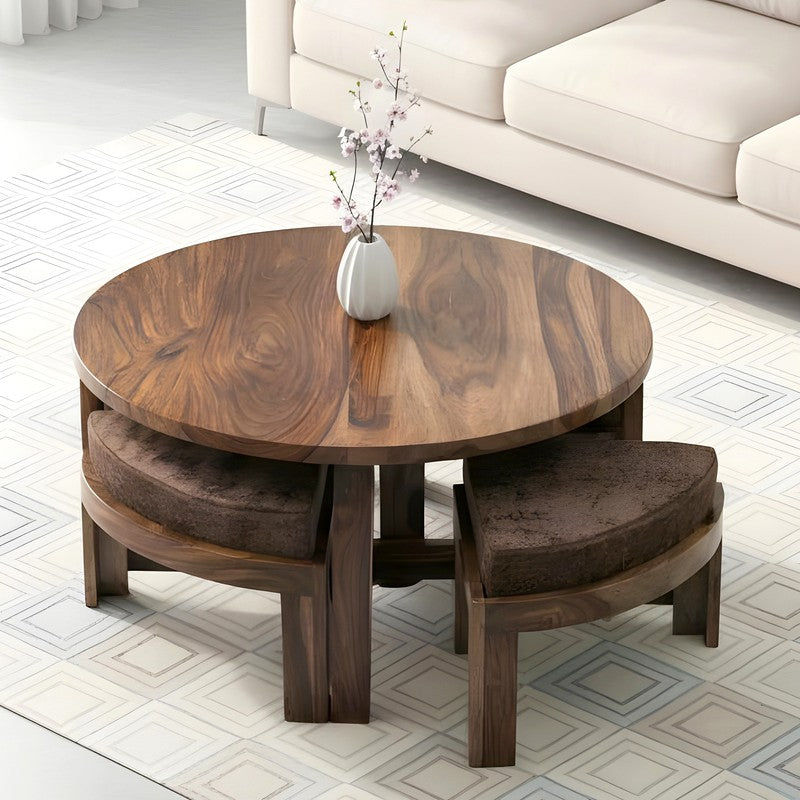 Iveron Sheesham Wooden Center Table with Stools and Cushions (Brown) - Nine Piece Set