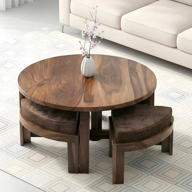Iveron Sheesham Wooden Center Table with Stools and Cushions (Brown) - Nine Piece Set media 1
