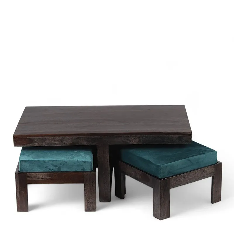 Drexon Sheesham Wooden Center Table with Stools (Deep Brown,Blue) - Five Piece Set media 4