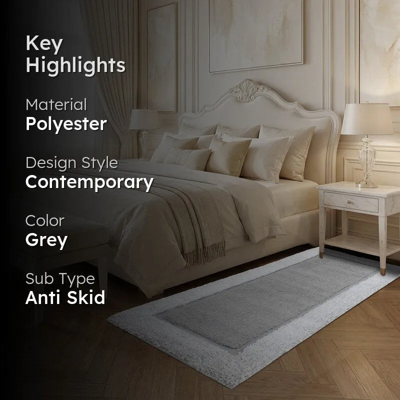 Grey runner rug in a bedroom with key highlights overlay