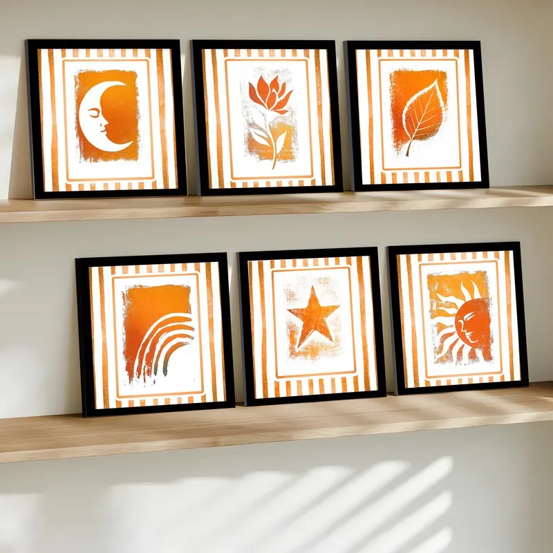 Celestial Orange Paper Wall Painting With Frame - Set Of Six media 3