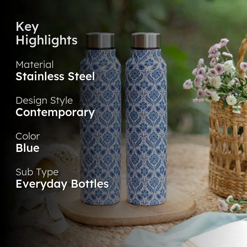 Blue Moroccan Print Stainless Steel Water Bottle (1000 mL Each) - Set Of Two media 2